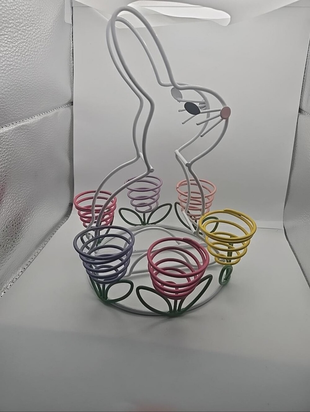 Easter Bunny Wire Egg Holder Rack 6 Eggs Pastel Flowers Spring Decor